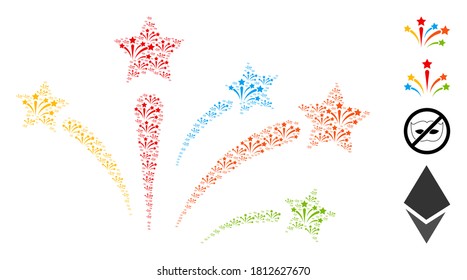 Vector fireworks mosaic is organized of random fireworks parts. Fractal mosaic of fireworks. Some other icons are present in this vector.