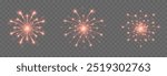 Vector fireworks. Multicolored fireworks on isolated transparent background. Fireworks png. Holiday fireworks. Festive background.