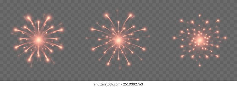 Vector fireworks. Multicolored fireworks on isolated transparent background. Fireworks png. Holiday fireworks. Festive background.