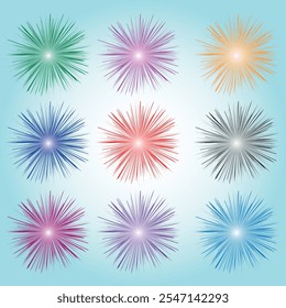 Vector fireworks. Multicolored fireworks on isolated transparent background. Fireworks png. Holiday fireworks. Festive background.