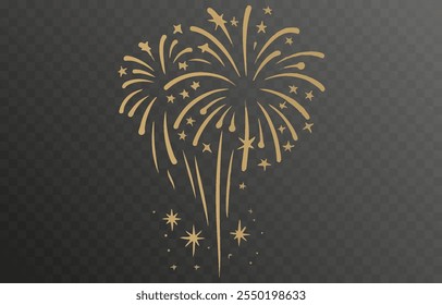 Vector fireworks. Multicolored fireworks on isolated transparent background. Fireworks png. Holiday fireworks. Festive background.