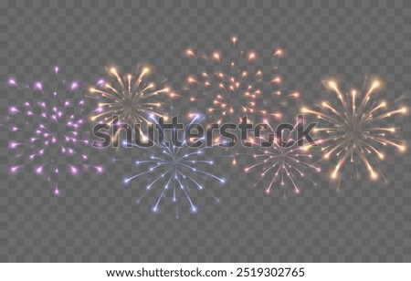 Vector fireworks. Multicolored fireworks on isolated transparent background. Fireworks png. Holiday fireworks. Festive background.