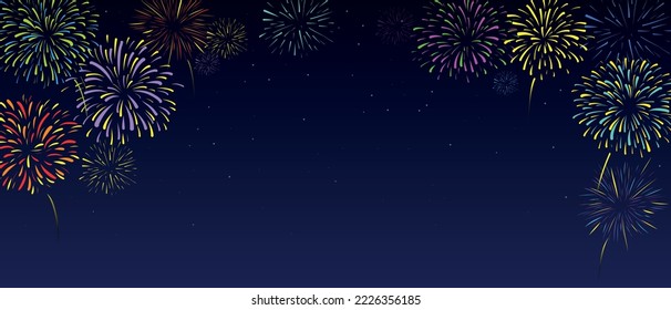 Vector fireworks in Night Starry Sky Background Template New Year Holiday and Celebration Banner Design. Colorful Bright Fireworks Fireworks Show. Fireworks Frame Cultural Celebrate Backdrop Billboard