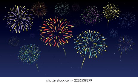 Vector fireworks in Night Starry Sky Background Template New Year Holiday and Celebration Pattern Design. Colorful Bright Fireworks Fireworks Show Fireworks Frame Cultural Celebrate Backdrop Billboard