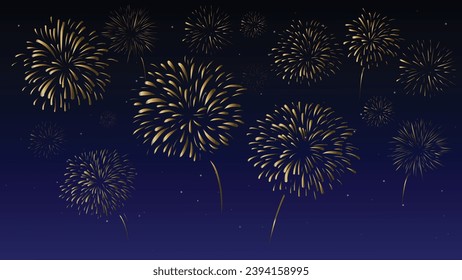 Vektorgrafik-Feuerwerk in der Nacht Sternenhimmel Hintergrund Vorlage Neujahr Urlaub und Feiern Banner Design. Gold Bright Fireworks Fireworks Feuerworks Show. Billboard für Fireworks Frame Cultural Celebrate