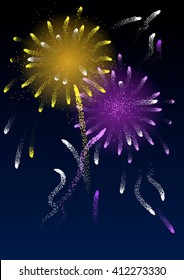 Vector fireworks on a blue background. Night sky. Salute fire light.