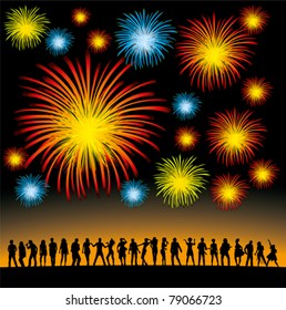 vector fireworks on the hill with happy people celebrate independence day