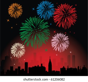 vector fireworks over a city