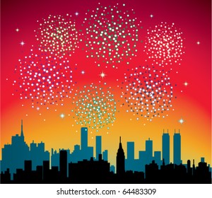 vector fireworks over a city