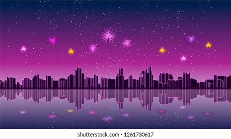 vector fireworks over city illustration, festive cityscape