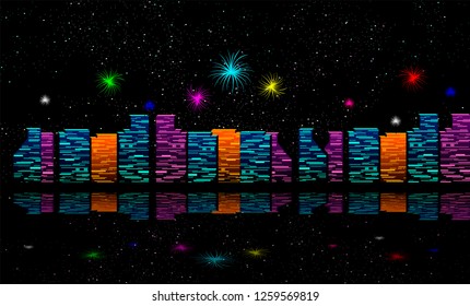 vector fireworks over night city illustration, colorful cityscape