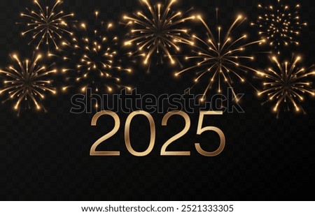 Vector fireworks png. Banner with golden text 2025. Fireworks, pyrotechnics PNG. Festive background. Happy New Year.