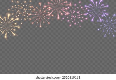 Vector fireworks png. Colorful fireworks on isolated transparent background. Fireworks, pyrotechnics PNG. Festive background.