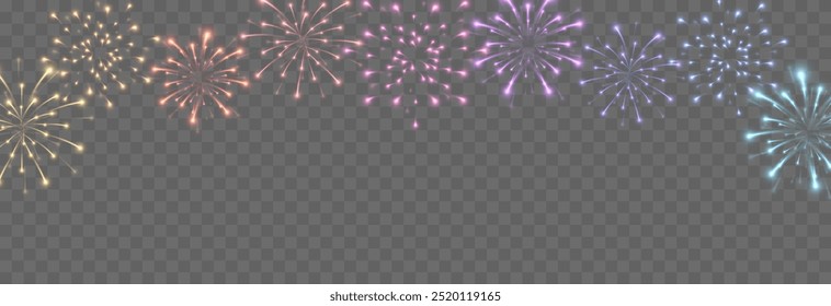 Fogos de artifício vetoriais png. Fogos de artifício coloridos sobre fundo transparente isolado. Fogos de artifício, pirotecnia PNG. Fundo festivo.