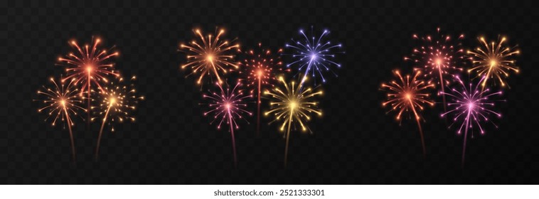 Vector fireworks png. Colorful fireworks on isolated transparent background. Fireworks, pyrotechnics PNG. Festive background.