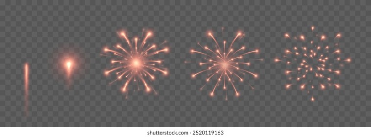 Fogos de artifício vetoriais png. Explosão de fogos de artifício em estágios. Fogos de artifício, pirotecnia PNG. Fundo festivo.