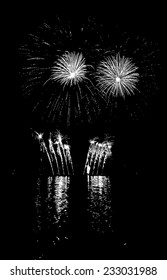 Vector Fireworks with reflection on lake