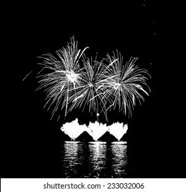 Vector Fireworks with reflection on lake