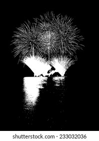 Vector Fireworks with reflection on lake