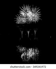 Vector Fireworks with reflection on lake