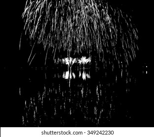 Vector Fireworks with reflection on lake