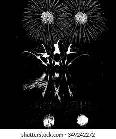 Vector Fireworks with reflection on lake