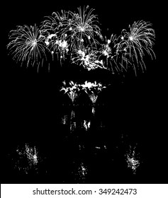 Vector Fireworks with reflection on lake
