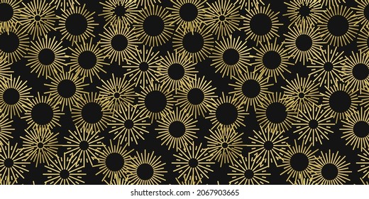 Vector Fireworks Seamless Pattern, Golden Explosions on Black Background, Festive Background Template, Firework Explosions, Celebration Sky Background.