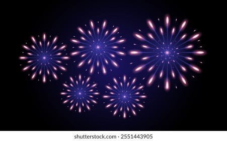 Vector fireworks are set on a black background with vibrant explosions, perfect for celebrating the holiday season or New Year. Ideal for decorations, prints, posters, banners, wallpapers, or cards.