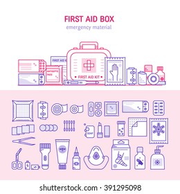 Vector first aid  box concept for web design, medical equipment and medications for emergency isolated in white background. Medical icons set in modern liner style. 