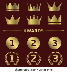Vector first place icons, winner, champion, leader, best symbols, crowns signs, golden label set