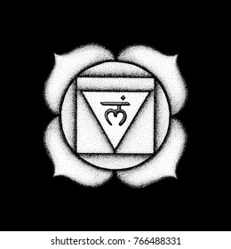 Vector first root chakra Muladhara sanskrit seed mantra Lam hinduism syllable lotus petals. Dot work tattoo style hand drawn white monochrome symbol black isolated background for yoga meditation
