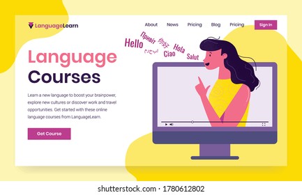 Vector first screen template with female language tutor demonstrating how sounds are formed, saying greetings. Learning languages on online and offline courses with professionals
