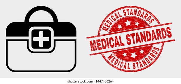 Vector first-aid case pictogram and Medical Standards seal stamp. Red round scratched seal stamp with Medical Standards text. Vector combination for first-aid case in flat style.