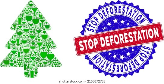 Vector fir-tree icon wine collage with grunge bicolor Stop Deforestation seal stamp. Red and blue bicolored seal with scratched surface and Stop Deforestation slogan.
