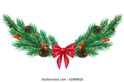 Vector firtree twig with red bow and cones