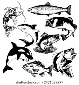 Vector fish vector art, graphics fishs icons set. vintage illustration fish clipart, vector fishs flat style artwork design