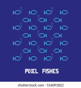 Vector fish background. Pixel fishes.