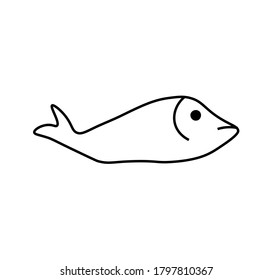 Vector fish with a black line. Simple food and cooking illustration in doodle style on a white isolated background hand drawn. Design for social networks,web,advertising,banners,menus,recipes.
