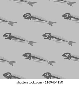 Vector Fish Bone Skeleton Seamless Pattern Isolated on Grey Background. Sea Fishes Icons.