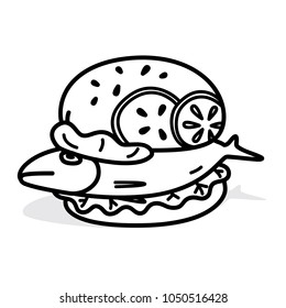 Vector fish burger made from genuine fish meat ingredients with line style isolated on white background.
