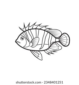 Vector of fish cartoon. Line art on white background.