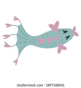 Vector fish in cartoon style. For decoration of festive items. Blue and pink colors. The fins and eyes in the shape of hearts. The view from the top.