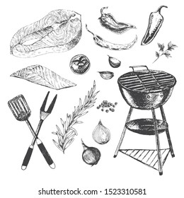 vector fish chargrill hand drawn illustration. ink sketch of salmon steak, chilly, rosemary, spices, utensils and outdoor grill. ingredients for summer barbecue