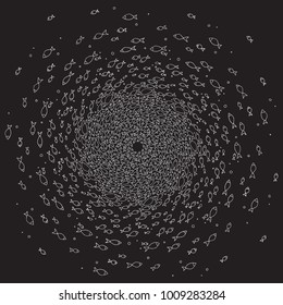 Vector fish circled pattern on black background. White outline hand drawn mandala.
