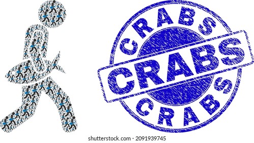 Vector fish courier icon composition is created with randomized self fish courier elements. Crabs textured blue round stamp seal. Fractal composition for fish courier icon.