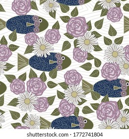Vector Fish Flowers in Blue Purple Green on White Background Seamless Repeat Pattern. Background for textiles, cards, manufacturing, wallpapers, print, gift wrap and scrapbooking.