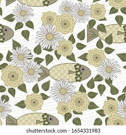 Vector Fish and Flowers in White Gold Green on White Background Seamless Repeat Pattern. Background for textiles, cards, manufacturing, wallpapers, print, gift wrap and scrapbooking.
