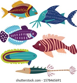 Vector fish forms which are decorative and colorful.