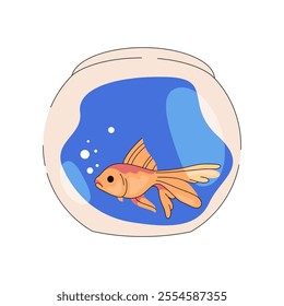 Vector fish in glassware aquarium or aquatic pet. Illustration of sea or ocean golden animal in freshwater. Domestic underwater habitat. Marine fauna at home in glass tank. Home care. Swimming zoology